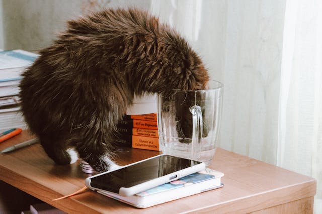 Cat drinking from cup